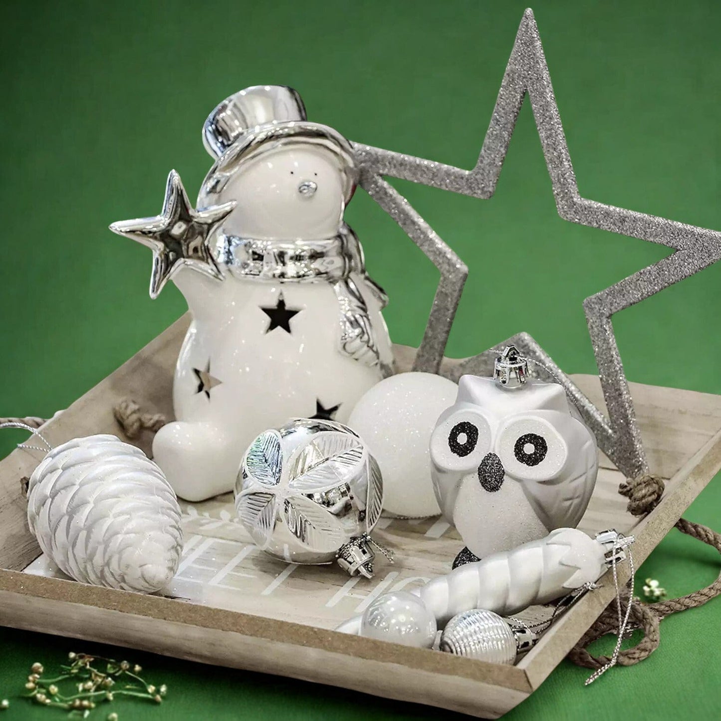 90-Piece, White & Silver, Ornament Set, Snow Owls, Snowflakes, Cones