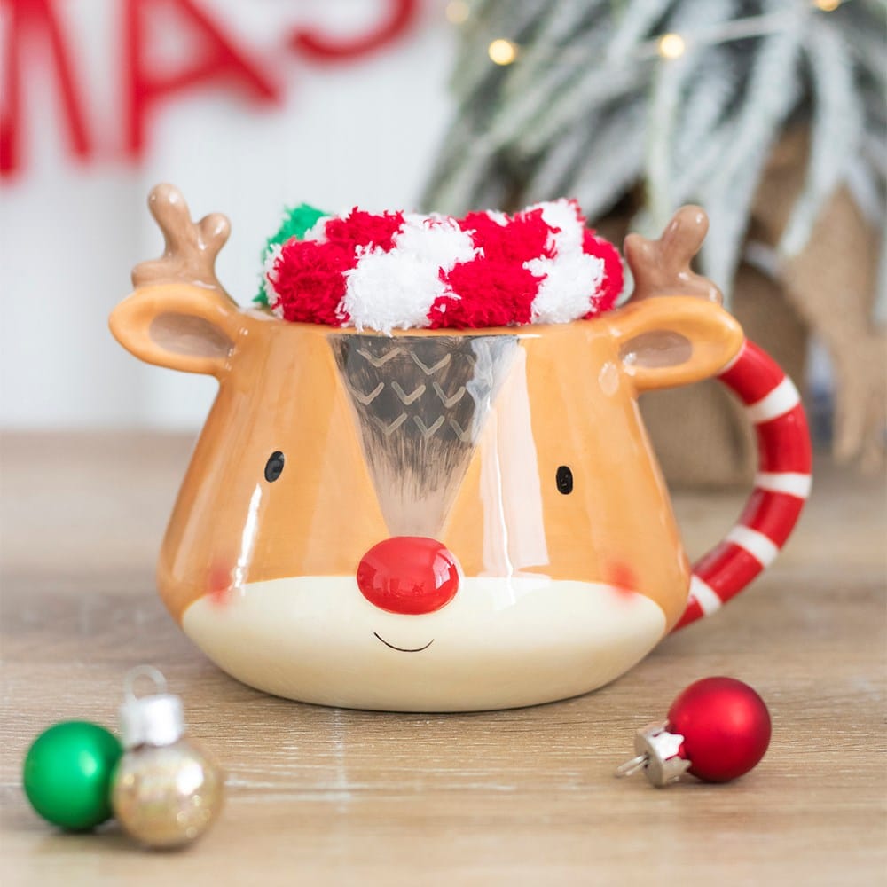 Reindeer Mug and Cozy Socks Gift Set - Festive Ceramic Mug & Soft Winter Socks