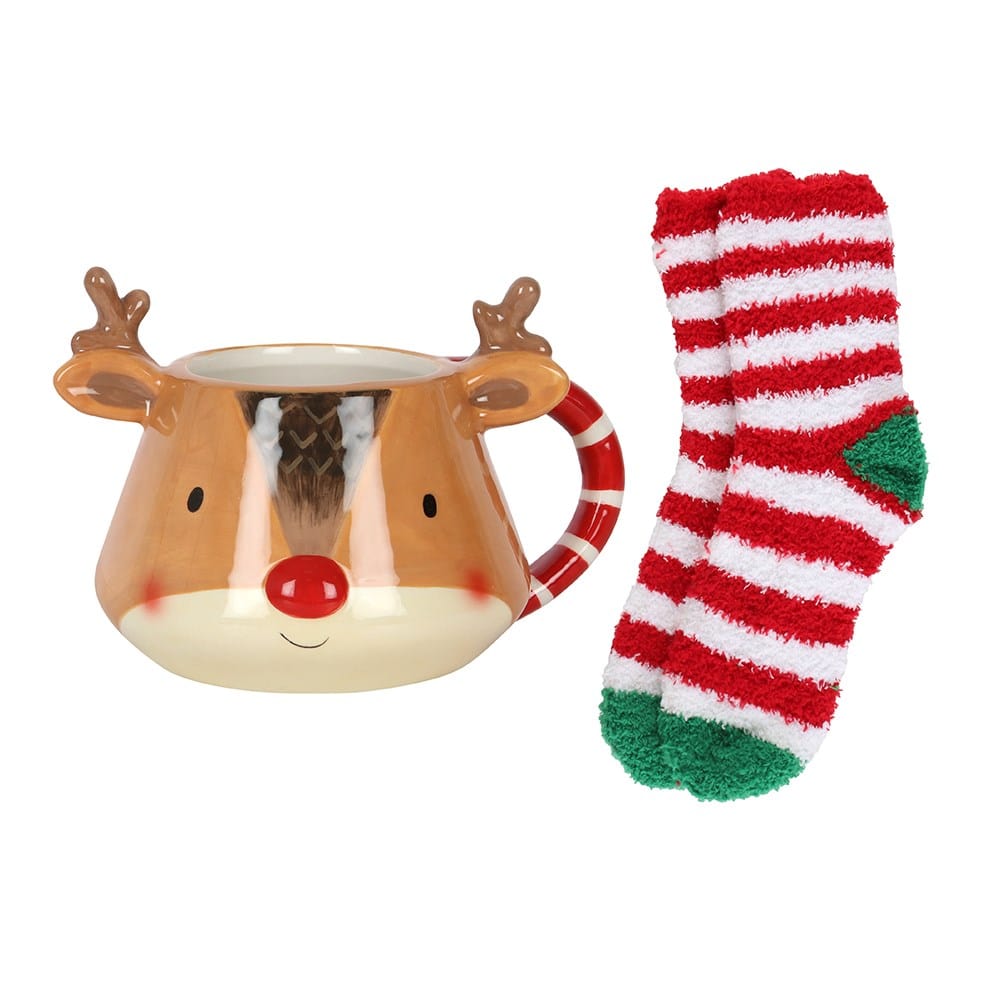Reindeer Mug and Cozy Socks Gift Set - Festive Ceramic Mug & Soft Winter Socks