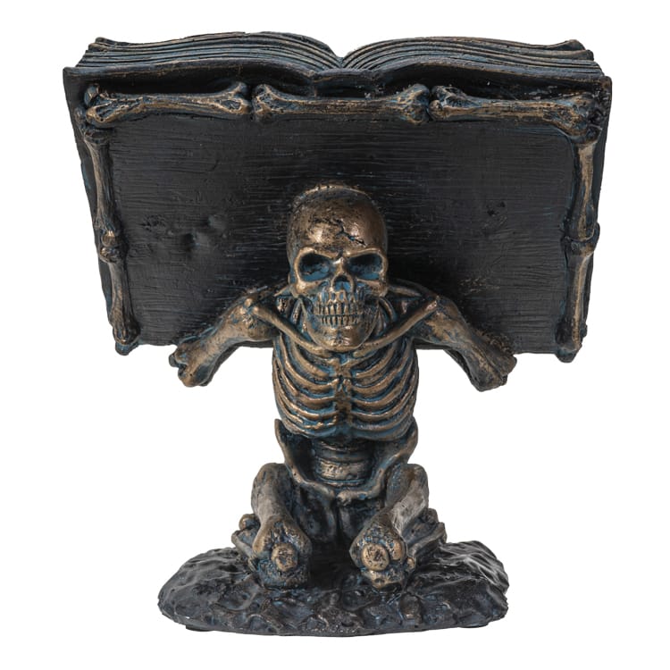 Skeleton Spell Book Figurine – Gothic Skull & Open Grimoire Decor