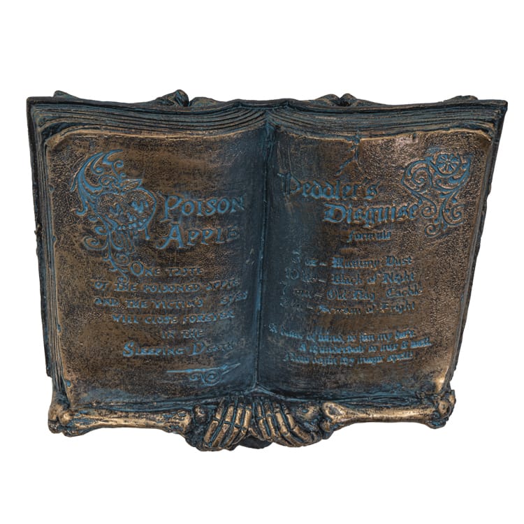Skeleton Spell Book Figurine – Gothic Skull & Open Grimoire Decor