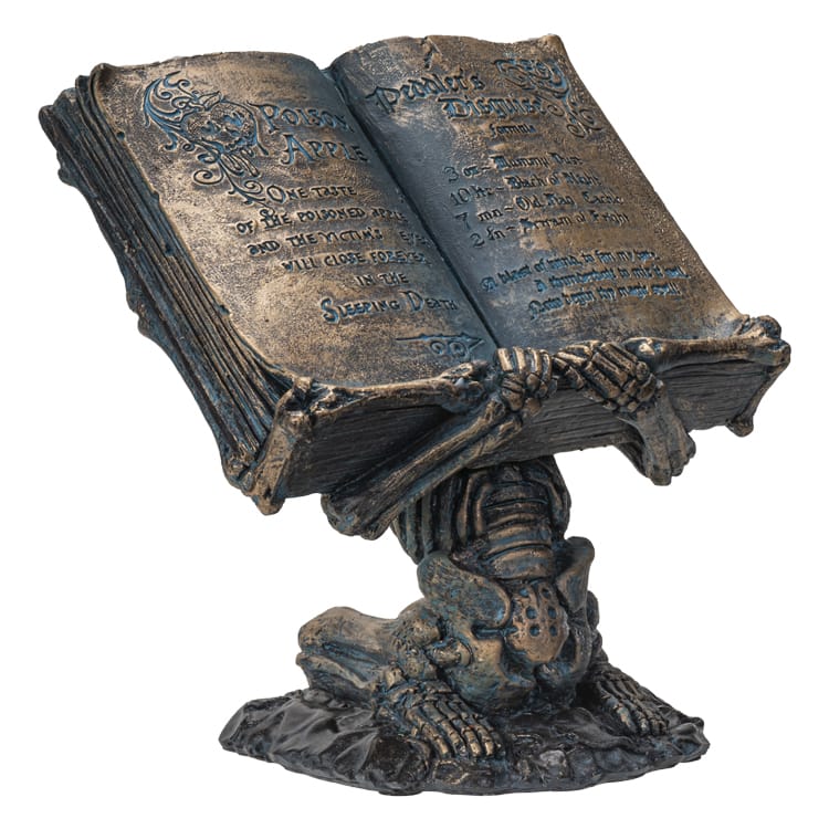 Skeleton Spell Book Figurine – Gothic Skull & Open Grimoire Decor