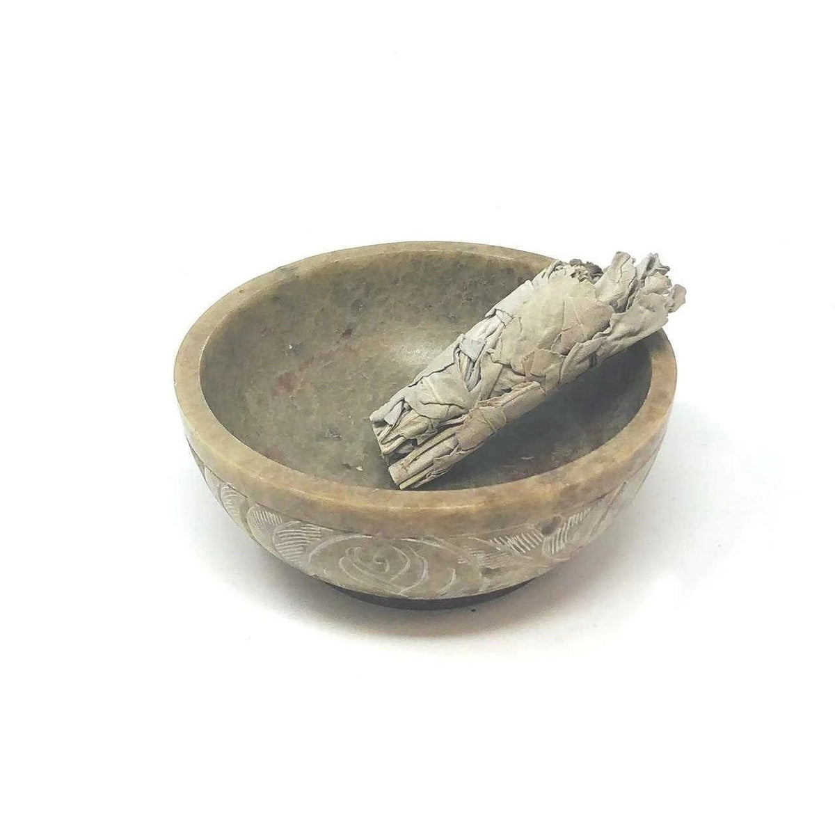 Soapstone Scrying & Smudge Bowl with Leaf Carving – 5"