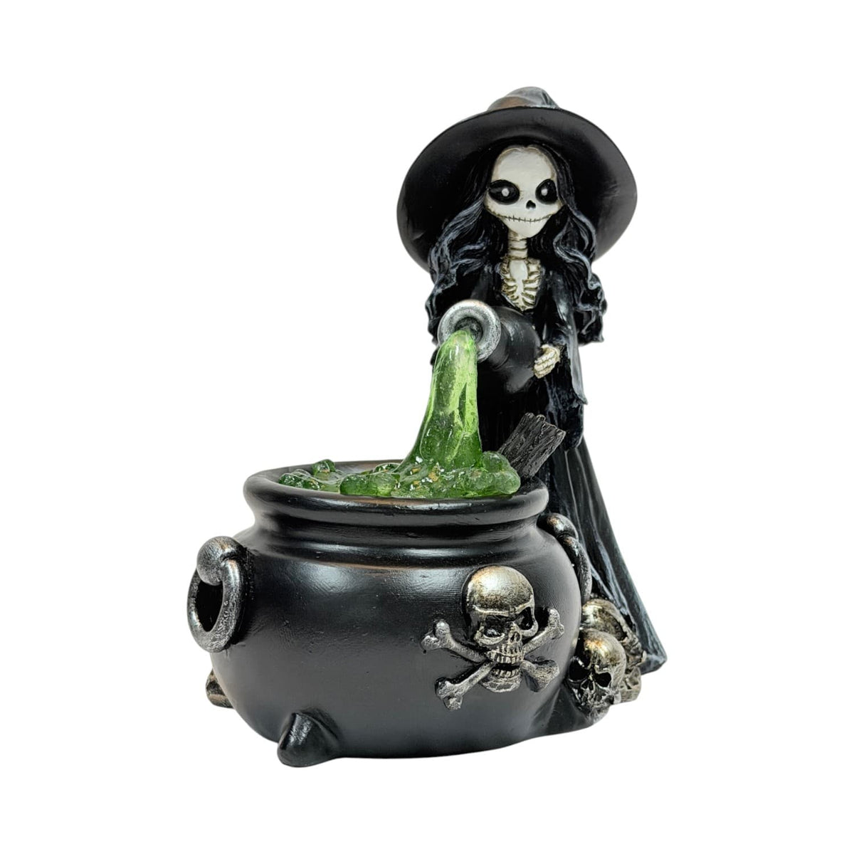 Greenfire Witch Figurine – Skeleton Witch with Green Potion Cauldron