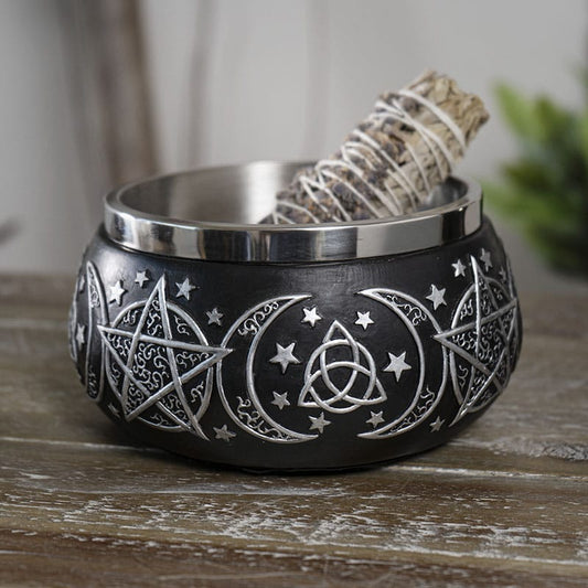 Triple Moon Pentacle Smudge Bowl Stainless Steel Resin Incense & Ritual Bowl