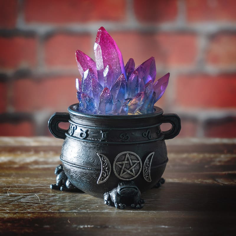 Triple Moon Cauldron with LED Purple Crystals – Light Up Witchy Decor