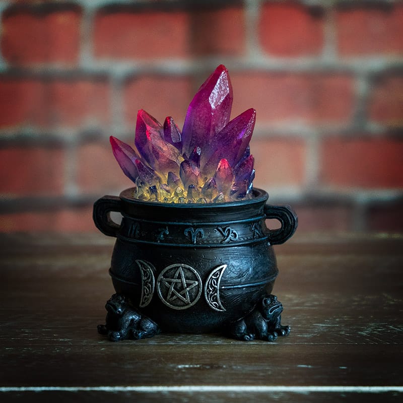Triple Moon Cauldron with LED Purple Crystals – Light Up Witchy Decor