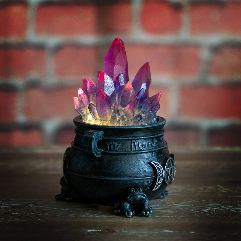 Triple Moon Cauldron with LED Purple Crystals – Light Up Witchy Decor