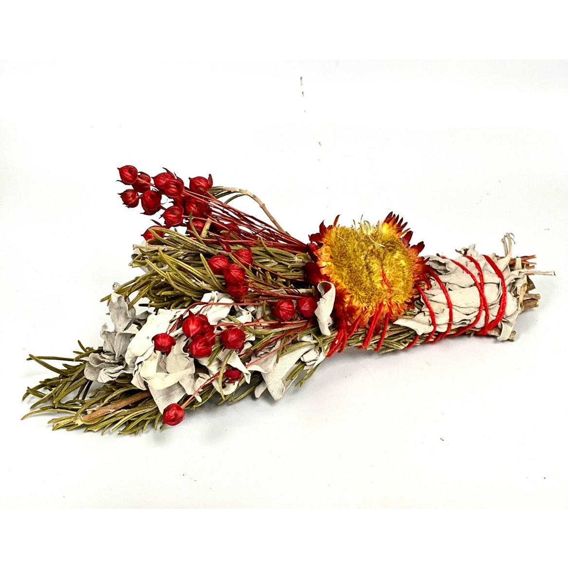 Rosemary & White Sage Smudge Bundle with Red Flowers – 4"