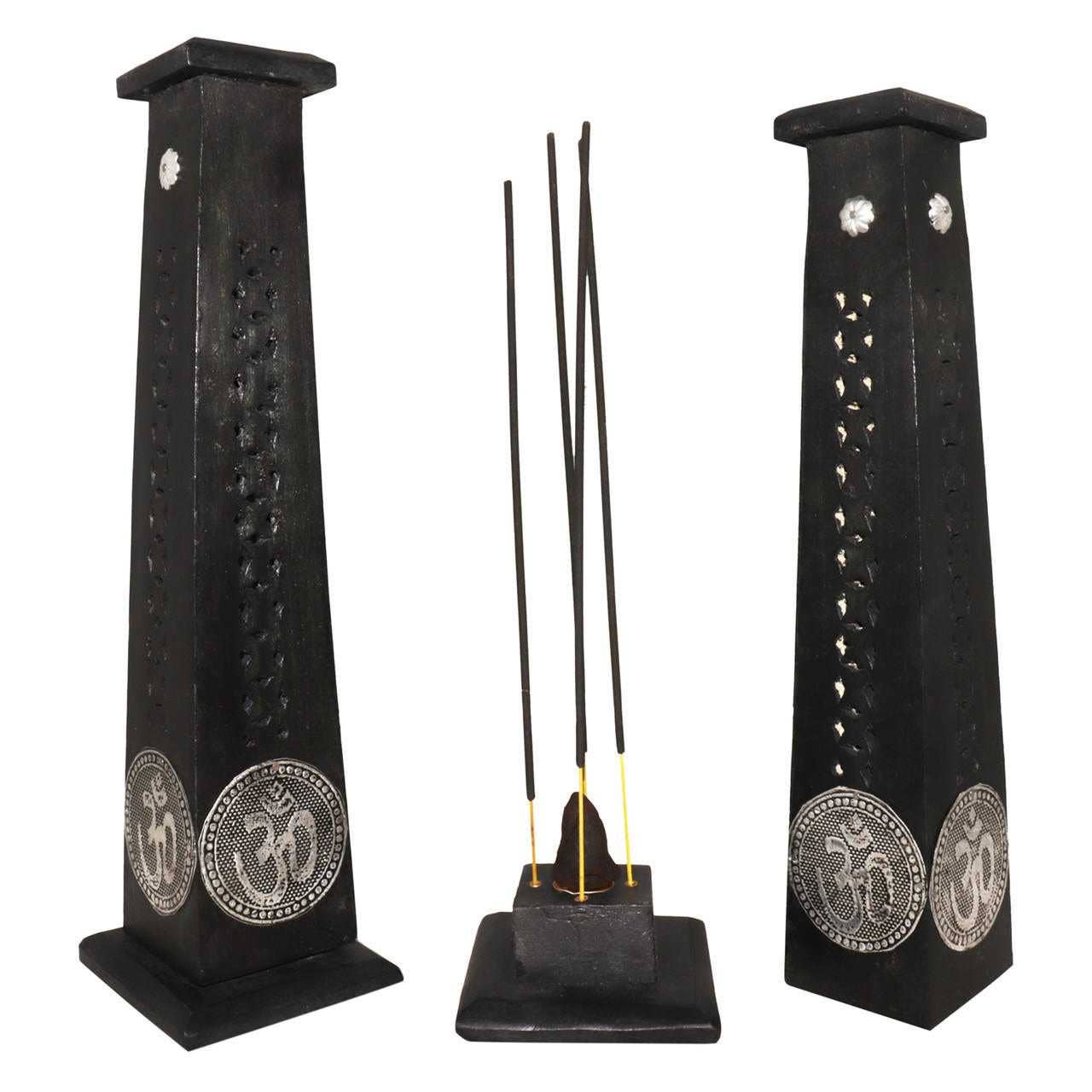Black Wooden Om Tower Incense Burner – 12" – Stick & Cone Incense Holder