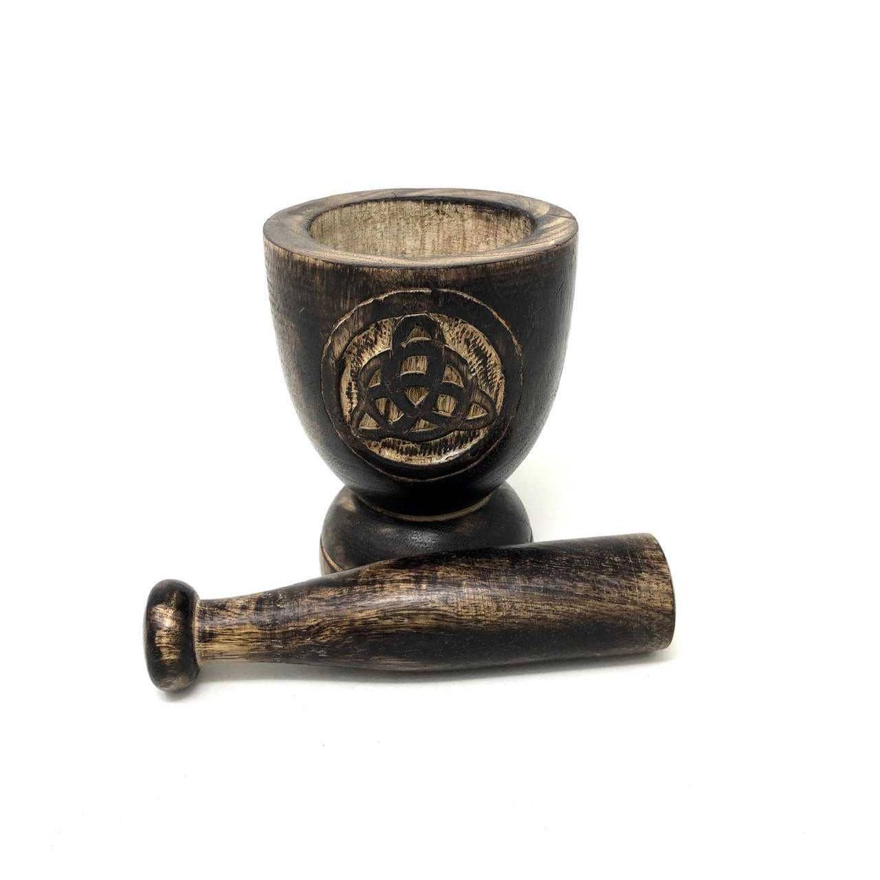 Wooden Triquetra Mortar & Pestle – 3" x 5" – Ritual Herb Grinding Tool