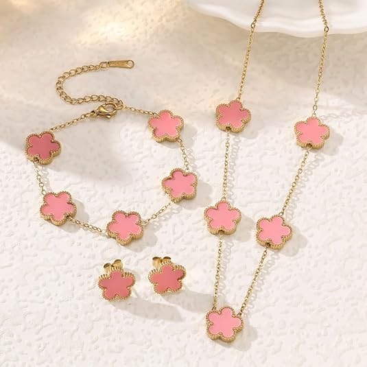 Pink Clover Jewelry Set | Gold Plated Stainless Steel