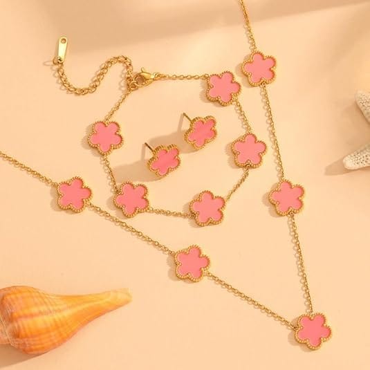 Pink Clover Jewelry Set | Gold Plated Stainless Steel