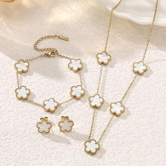 White Clover Jewelry Set | Gold Plated Stainless Steel